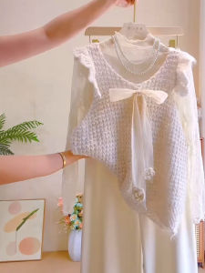 เสื้อกั๊กถักสไตล์เกาหลีหวาน ผูกโบว์ผีเสื้อ หลวมๆ แฟชั่นฤดูใบไม้ร่วง เสื้อแขนกุดทรงเข้ารูปสำหรับผู้หญิง คอลเลกชั่นฤดูใบไม้ร่วง 2025