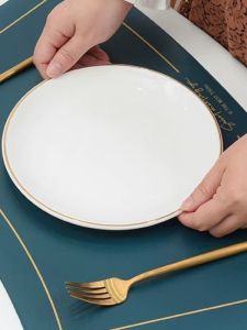 Leather Dining Table Mat Chinese Restaurant Bowl Pad Waterproof Oil Resistant round Table Fan Shaped Customizable Logo European Style