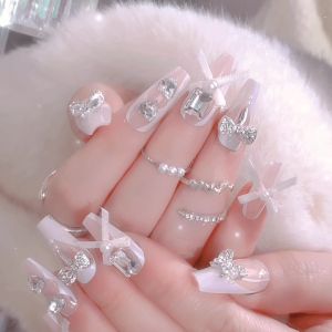 【With Glue】Ready Stock Female Mid-length Fake Nail Diamond Bow Artificial Nail for Women and Girl Party Activity