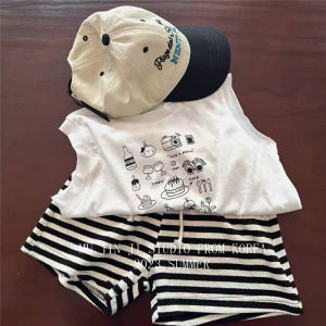Cool Cotton Cartoon round Neck Sleeveless Vest And Striped Shorts Set for Kids Summer Outfit Two Piece Set Trendy And Casual