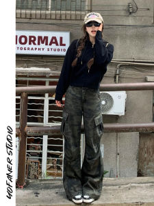 กางเกงยีนส์ทรงหลวมเอวสูงสไตล์อเมริกันสำหรับผู้หญิง กางเกงขายาวทรงหลวมแบบมีกระเป๋าหลายช่อง กางเกงขายาวทรงหลวมสไตล์ย้อนยุค ทรงสลิมฟิต กางเกงขายาวทรงหลวม