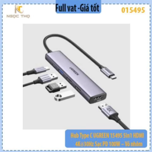 Hub Type C UGREEN 15495 5 in 1 – HDMI 4K@30Hz + USB 3.0 5Gbps + 2×USB 2.0 + Sạc PD 100W – Vỏ nhôm
