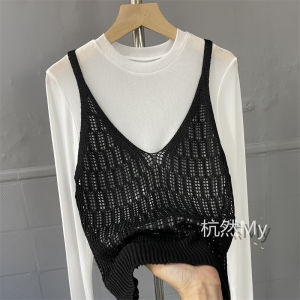 Womens Hollow out Knitted Tank Top Short Style Versatile Outerwear Loose Fit Trendy Summer Autumn Outerwear Casual Shirt