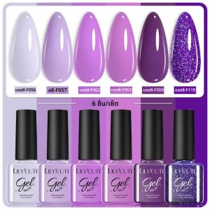 LILYCUTE 6 ชิ้น/เซ็ตสีม่วงสีเล็บเจล Glitter กึ่งถาวร UV LED เจลเล็บ Soak Off ภาษาโปลิชคําชุดออกแบบเล็บ