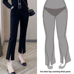 Womens Fat Sister Spring Wear Fashionable with Side-Slit Micro Elastic Slimming Bootcut Pants Casual Pants Loose-Fit Pants Womens Pants Cropped Pants Fashion