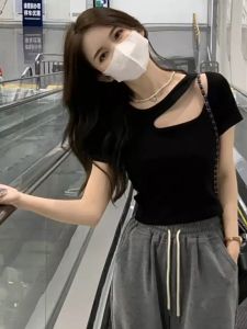 tops for women Short sleeved tshirt women summer new Korean off-shoulder sling short-sleeved T-shirt slim top