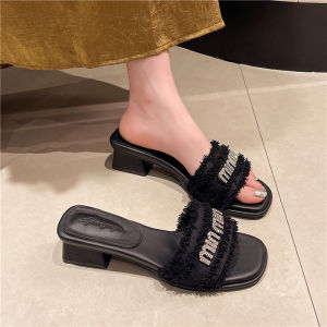 French Thick Heel Sandals Women Summer Outdoor Wear New 2025 Small Fragrance Water Diamond Medium Heel Tassel High Heel Slippers