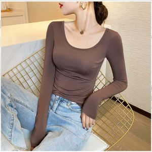 เสื้อยืดคอวีแขนยาวทรงสลิมฟิตสำหรับผู้หญิง ผ้าโมดอล ทรงเข้ารูป ฤดูใบไม้ผลิและฤดูใบไม้ร่วง เสื้อเชิ้ตคอวีสีดำ