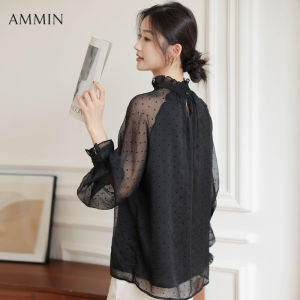 AMMIN แฟชั่นสไตล์เกาหลีแขนยาวสีดำลายจุดชูดผ้าชีฟอง 2023 ร่วงเสื้อผ้าชีฟองโคมไฟคอต ลายจุด ปกไม้สำหรับผู้หญิง