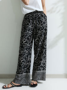 Miccbeirn | กางเกงขายาวทรงตรงผ้าไหมคอตตอนลายพิมพ์ลายสีดำขาว ทรงหลวมสบาย ๆ สไตล์ลำลอง แฟชั่นฤดูร้อน ขาบาน ไซส์ใหญ่