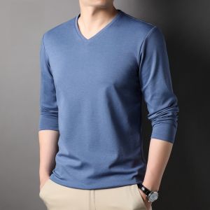 ROMON | Lormen Mens Long Sleeve Silk T-Shirt V-neck Base Layer Shirt Fashion Urban Style Standard Fit Antibacterial Solid Color Top