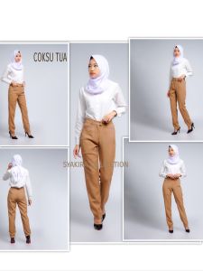 Celana wanita kerja kantor terbaru polyester premium stretch import syakira by azkia cream ungu tua