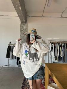 Korean Style Graffiti Cartoon Print Long Sleeve T-Shirt Womens Summer Loose Casual Versatile Top Fashionable Sun Protection Shirt