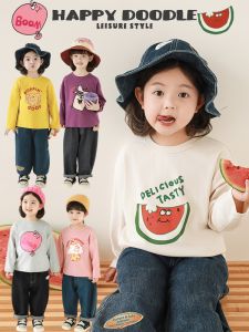 Cute Cartoon Print T-Shirt for Girls Spring Fashionable Soft Skin-friendly round Neck Ribbed Casual Top Childrens Clothing