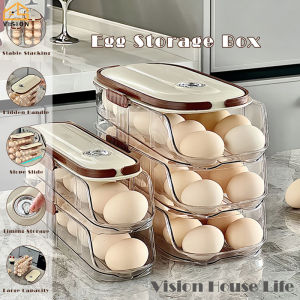 Vision Automatic Scrolling Egg Holder with Handle Refrigerator Egg Storage Box with Time Scale Kitchen Roll Off Egg Storage Rack Large Capacity Egg Organizer