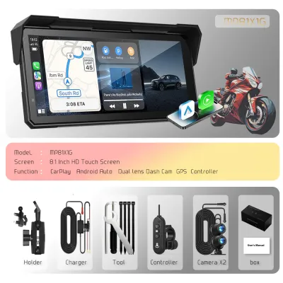 CarPlay Motorcycle Android Auto TMPS 2K Dual lens Dash Cam Wifi Bluetooth Asawin 8.1 Inch IPS HD Touch Screen Support Siri Google Voice control