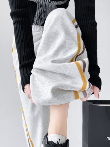 White Grey American Stripe Wide Leg Pants Womens Autumn Winter Casual Sports Trousers Dual Wear Loose Double Color Weave Belt