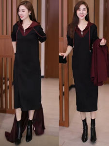 Chic Hooded Dress Womens Autumn New Style Slimming Belly Covering Mid-Length Casual Sweatshirt Dress A-Line Skirt