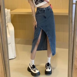 กระโปรงยีนส์ทรงเอเอวสูง กระโปรงยาวคลุมสะโพกสำหรับผู้หญิง ฤดูใบไม้ร่วง 2023 กระโปรงทรงเอเอวสูง ดีไซน์ใหม่ กระโปรงทรงเอ ความยาวปานกลาง