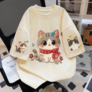 SUOSHE | Plus Size Embroidered Cat Print T-shirt