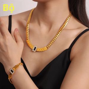 Bộ Trang Sức Nữ Gồm Vòng Cổ Và Vòng Tay Bằng Thép Không Gỉ Khảm Zircon Tinh Tế Đính Đá Xanh Phong Cách Cổ Điển Món Quà Tặng