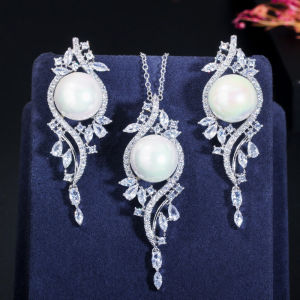 SEQUITO Unique Goddess Jewelry Silver Color Full Micro Pave Green White AAAAA Zirconia Long Pendant with Big Pearl Necklace Earrings for Noble Prom Party SJ365