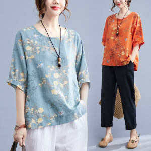 Cotton Linen round-Neck Short-Sleeved T-shirt Female Fat Mom Summer New Arrival Thin Loose Pullover New Chinese Style Tops Ins Export