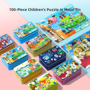 Educational Wooden Puzzle 100 Pieces in Iron Box Storage Cartoon Kindergarten for Boys And Girls 3 to 8 Years Old Toys