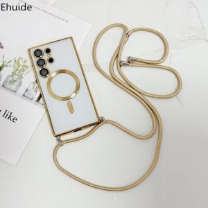 Magnetic Case For Samsung Galaxy S26 Ultra S25 FE S21 S22 S23 S24 Plus Wireless Clear Plating Strap Crossbody Lanyard Soft Cover