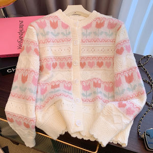 Pink Heart Knitted Sweater Jacket Womens Outerwear V-Neck Long Sleeve Hollow out Cardigan Slimming Large Size Autumn Wear
