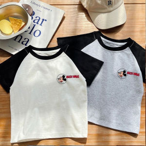 Cartoon Mickey Letter Print Splice Color Block Pure Cotton Short Sleeve T-Shirt Boys Girls Fashion Cute  Top Summer Wear