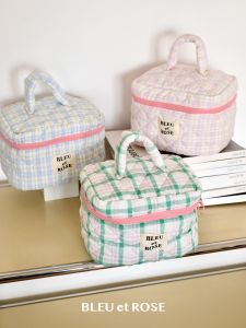 Bleu Et Rose Large Capacity 3D Makeup Bag Checkered Pattern Storage Organizer Handbag Style Cotton Linen Fabric Cosmetic Bag