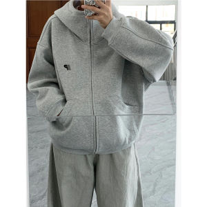 SJVK Mens Zipper Hooded High Collar Fleece Pullover Sweatshirt Grey Autumn Winter Casual Outerwear for Couples