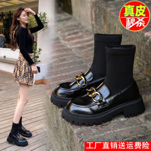 Soft Leather Martin Boots Womens New 2025 Thick Bottom Elastic Sock Boots British Style Heightening Short Boots Loafers
