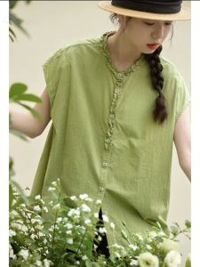 Áo Sơ Mi Cotton Cổ Tròn Màu Xanh Lá Cây Phong Cách Nhật Bản Dành Cho Nữ Mùa Hè 2024 Mới Về Tay Rộng Không Tay Áo Sơ Mi Cotton Nguyên Chất