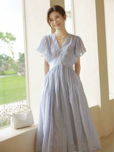 Jiaying Customized Import Ramie Digital Direct Injection! Nanfa High-End Cutting Slim Looking Elegant V-neck Swing Dress