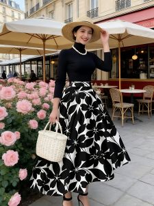 Printed Design Four Seasons Leisure Style Black and White Flower Pattern Half Skirt
