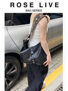 Black Large Capacity Commuter Vintage Motorcycle Tote Bag ROSE LIVE2025 New Style Single Shoulder Slant Cross Bag