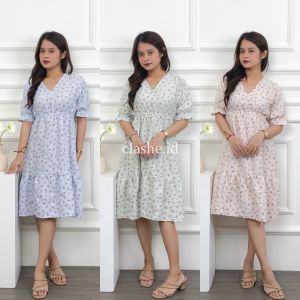 Vania Dress Gaun Motif Bunga Lengan Pendek Wanita Crinkle Airflow Anti Lecek Korean Style Terbaru Kekinian Ootd by Clashe