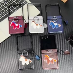 szhaiyu | For Samsung Galaxy Z Flip 8 7E 7 6 5 4 3 Leather Case with Embroidered Horse Pattern with Ring Hinge Protection Shockproof Cover