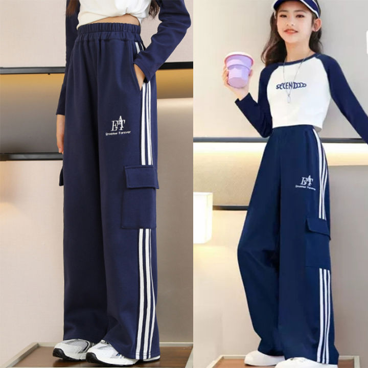 New Cargo Pants for Girls 7-16Years Old Kids Loose Pants for Teens Girls 4  Pocket Wide Leg Pants Baggy Pants Summer Candy Blue Pants Elasticated High  Waist Pants Fashion Casual Korean[Hot Sale]