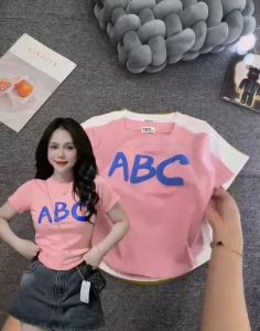 Áo thun nữ Dáng Ôm phối chữ nổi vạt bầu Croptop (Mã ABC nổi)