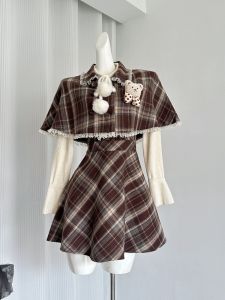 Cognac Cloud Plaid Dress Two-Piece Set Sweet College Style Long Sleeve round Neckline Gingham Print Cute Short Girls Dress