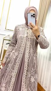 Dress Lebaran Terbaru 2025 Ceruty Babydoll Ful furing Mix Brukat Aplikasi Renda Gamis Brukat Jumbo
