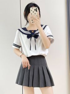 Summer Cotton Short Sleeve Womens Shirt Sweet Youth Reduction Navy Style Butterfly Knot Top Straight Cut Regular Length