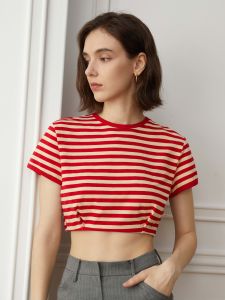 AEL Original Design Classic Stripes Short Sleeve Womens T-Shirt Knitted Slim Fit Belly Baring Top Summer Street Style Cotton Blend
