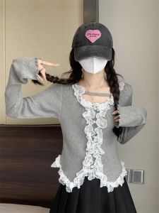 French Pure Desire Lace Trim Long Sleeve Knitted Base Layer Top Womens Autumn Winter Design Slim Short Style round Neck Pullover