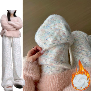 กางเกงขากว้างผ้ากำมะหยี่หนาสีรุ้งเอวสูงสำหรับผู้หญิง กางเกงขายาวลำลองผ้ากำมะหยี่นุ่ม ทรงหลวม ฤดูใบไม้ร่วง/ฤดูหนาว 2024