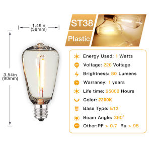 ST38 solar lights with solar panel 1W 220V Plastic Shatterproof Garland Mini Ball Lamp E12 Base 2200K PET Edison Light Bulbs Street Garland Outdoor Replacement Lamp