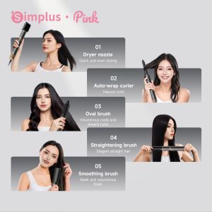 SimplusPINK 5 in 1 Curls Hot Air Brush High Speed Hair Dryer Hair Blower Foldable 130 Million Negative Ions